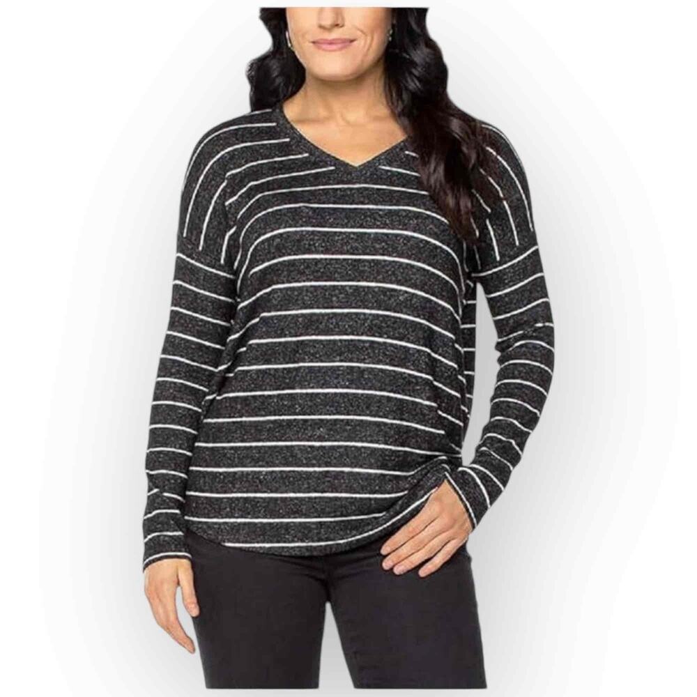 Well Worn V-Neck Black/White Striped Long Sleeve Tee, Women’s XS, NWT 547XS